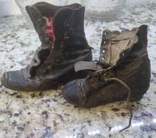 2 Single Antique Victorian Childs Leather Boots Buttons Lace Childrens