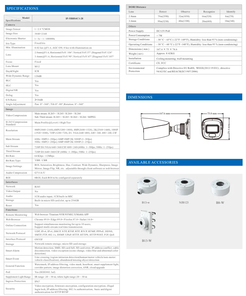 IP-5IR8S4C1-28 IP 8MP/4K 2.8mm Dual Light Color 98ft LED With Mic Bullet Camera - Image 3 of 4