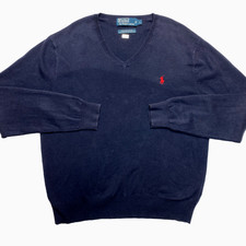 Vintage Polo Ralph Lauren Sweater Mens Large Navy Pima Cotton V-Neck Pullover