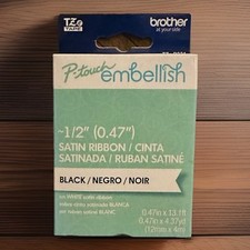 BROTHER P-TOUCH EMBELLISH TZE-R231 SATIN RIBBON BLACK ON WHITE NEW FREE SHIPPING