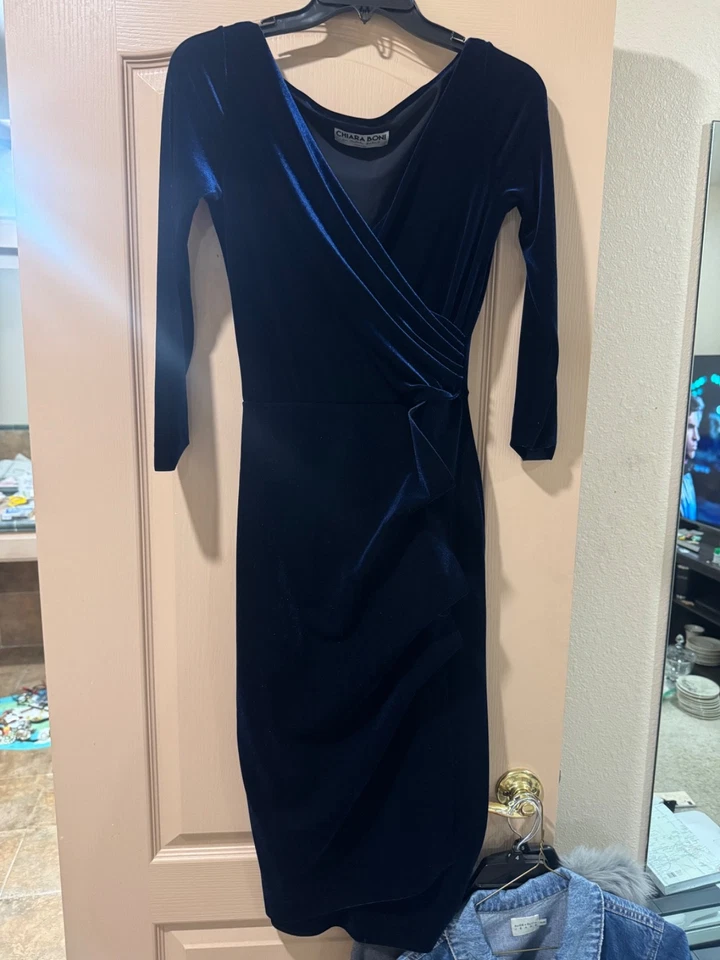 New Chiara Boni La Petite Robe Florien Ruched Blue Velvet Dress Size 40 (6 US) - Image 3 of 4