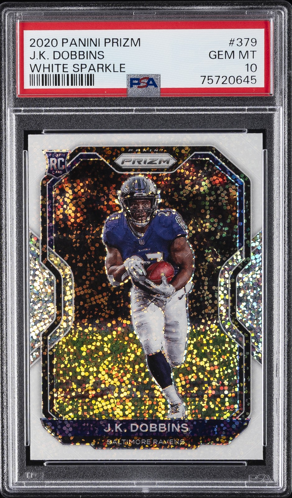 2020 PANINI PRIZM WHITE SPARKLE #379 J.K. DOBBINS PSA 10