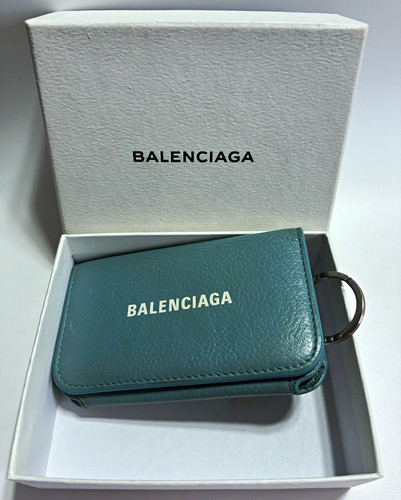 Balenciaga Blue Leather Logo Folded Key Chain Holder Case w/ Key Ring & Hooks