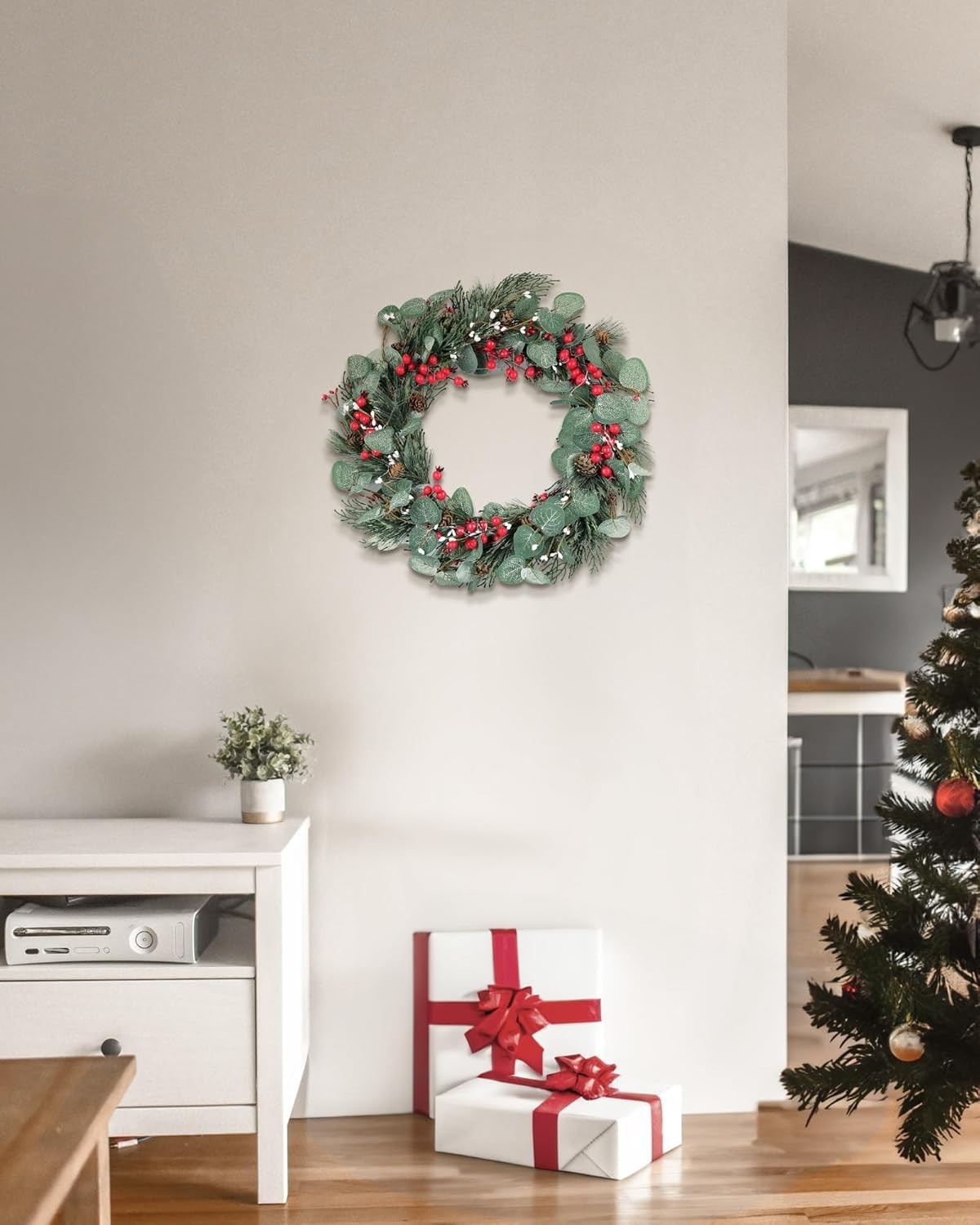 Eucalyptus Wreath for Front Door,20" Red Berries Christmas Wreath with Pine Cone