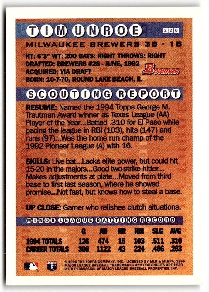 Tim Unroe 1995 Bowman Silver Foil #226 Milwaukee Brewers - Image 2 of 2