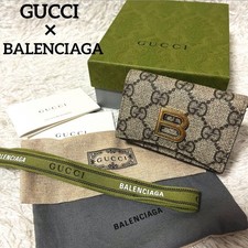 GUCCI Balenciaga GG Monogram Bi Fold Wallet Gold Logo Leather Box Dust Bag Card