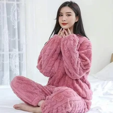 Women Warm Velvet Ribbed Fleece Pajama Set 2 Piece Pullover and Pants Casual
