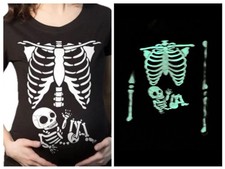 Pregnant Shirt Skeleton Maternity Halloween Black Glow In The Dark MEDIUM