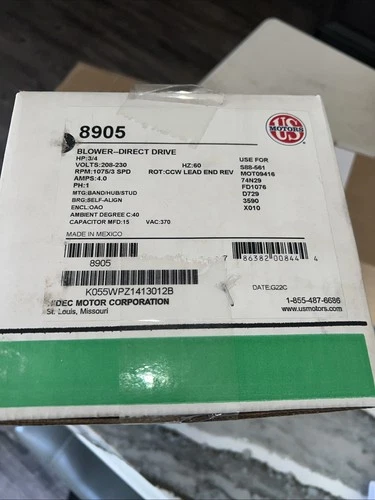 US Motors 8905 Direct Drive Blower Motor, 208-230V, 3/4 HP, 1075 RPM