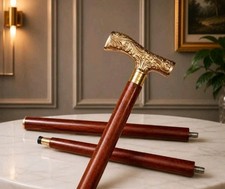 Vintage Brass Handle Wooden Walking Cane Ornate Engraved Antique Style Stick