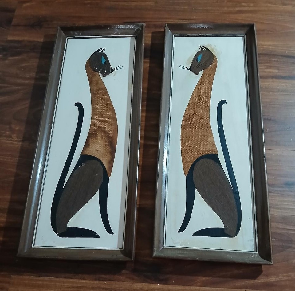 A matching pair of original large-format vintage cat wall art from an American art studio — the kind of bold, illustrative pieces that defined mid-century commercial art.