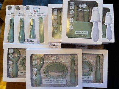 EZPZ Oral Development Tools, Baby LED Toothbrush, and Tiny Pops, Sage color. New