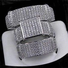 14k White Gold Plated Lab-Created Diamond Wedding Bridal Band Trio Ring Set 3 Ct