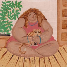 Original Folk Art Painting – Woman and Cat, Framed 4×4 in