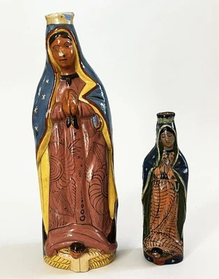 2 MEXICAN TLAQUEPAQUE VIRGEN GUADALUPE VIRGIN MARY CLAY POTTERY 11" + 7" BOTTLES - Image 1 of 4