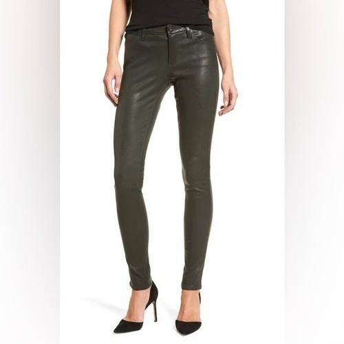 New AG Adriano Goldschmied The Legging Super Skinny Green Leather Pants Sz 26