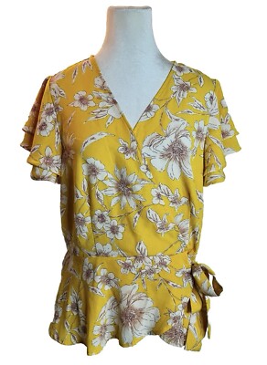 Meraki Woman's Yellow Floral V-Neck Short Sleeve Waist Tie Blouse Size XL NWT
