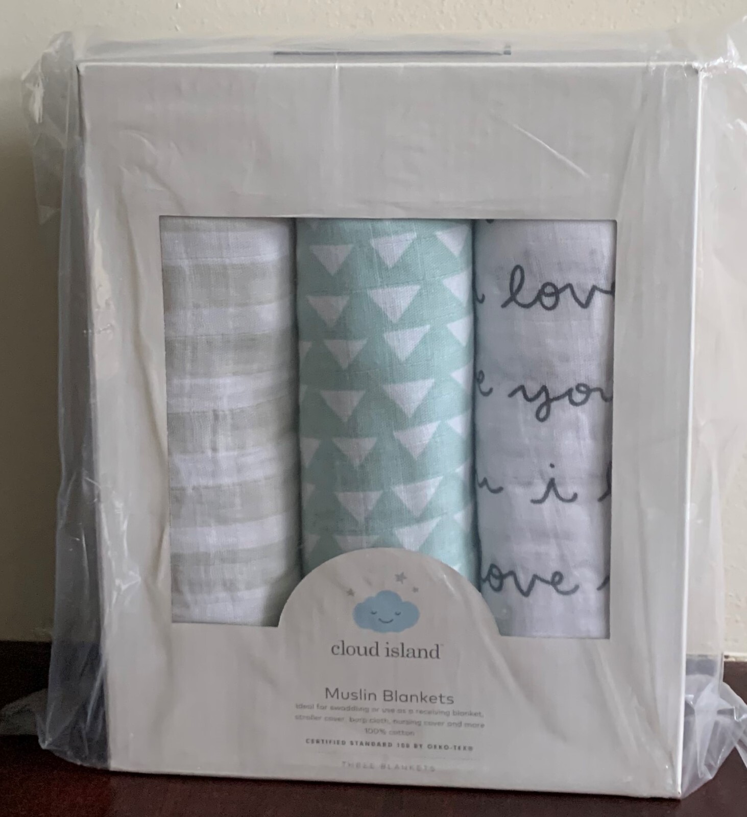 Cloud Island 3Pk Muslin baby Swaddle Blankets, gray stripe, white w I LOVE YOU,t-image