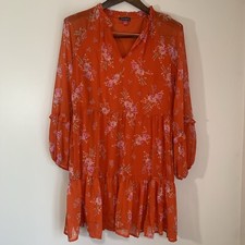 Vince Camuto Dress Womens Small Orange Floral Tiered Ruffle Romantic