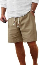Men's Linen Shorts Elastic Waist Drawstring with Pockets Casual Summer Beach