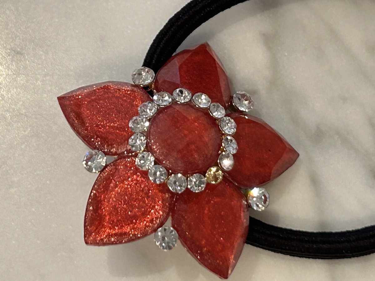 NWT Henri Bendel, Red Flower/Crystal Hair Tie Pony-Tail 