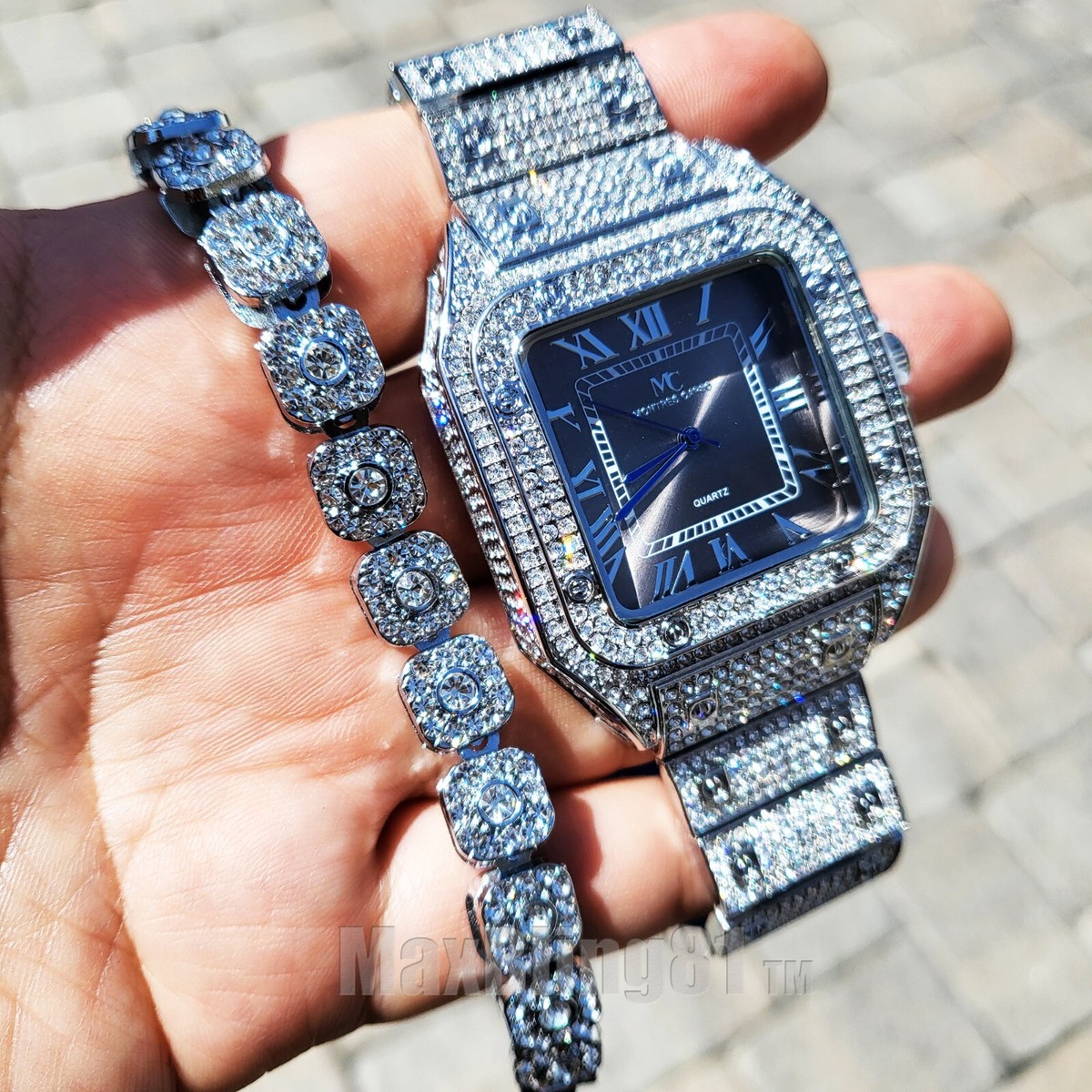 HIP HOP LUXURY BLING ICY SQUARE WATCH & ICED SIMULATED  display picture 1