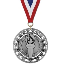 Victory Torch Gold Silver or Bronze Medals with Red White and Blue Neck Ribbo...