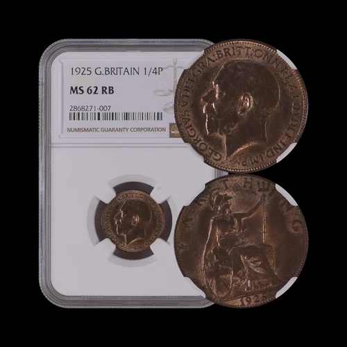 Great Britain. 1925, Farthing - NGC MS62 - KGV, Britannia, 1/4d