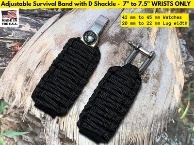 Solid Black Wide Cobra Adjustable Survival Paracord Watchband D Shackle Compass 