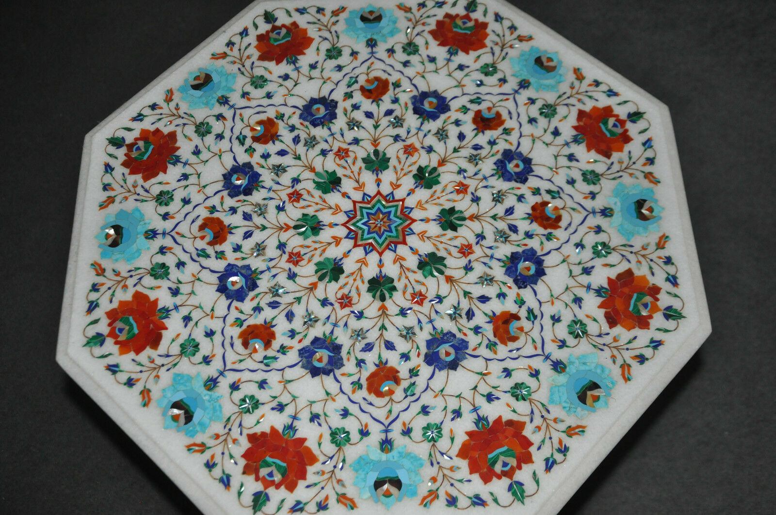 24-inch marble tabletop with floral inlay and semi-precious stones for elegant home decor