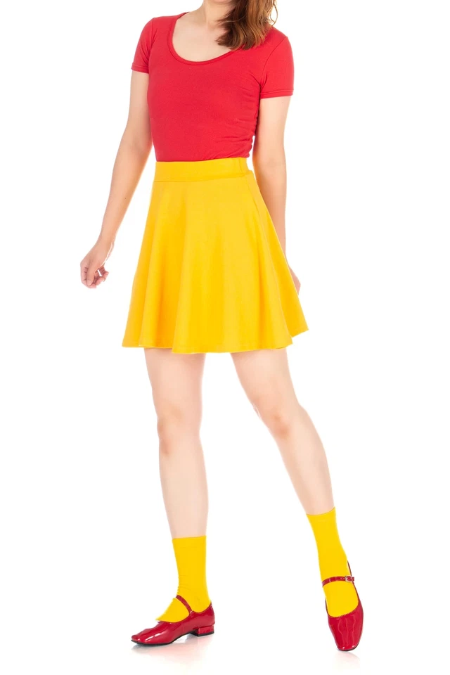 Minifalda básica de patinador acampanada línea A de algodón elástico liso cintura alta M amarilla Foto 3 de 4