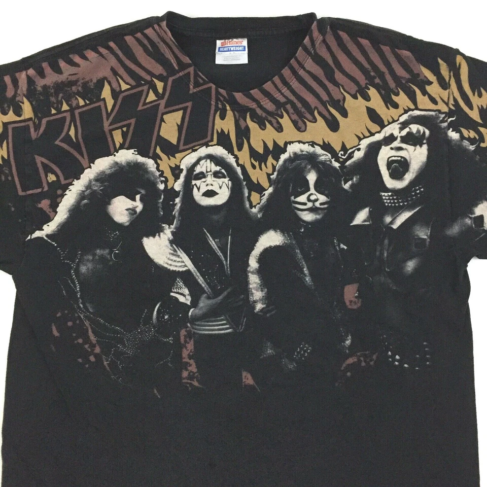 Vtg Kiss Flames T-Shirt Script Fire Logo Rock Roll Band Photo Tour Concert Tee L - Изображение 2 из 4