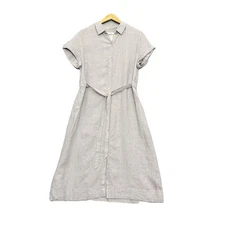 C&C California Linen Dress Sz 12 Belted Button Front Gray Beach Coastal Travel