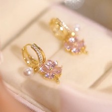 Inlaid Zirconia Four-Leaf Flower Earrings Women Dangle Drop Earring