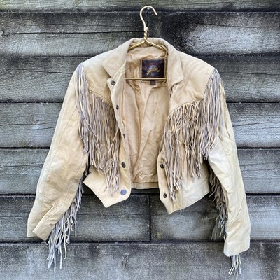 VTG WILSON S 1988 Adventure Bound  SM Tan Leather Fringe Crop Western Jacket 