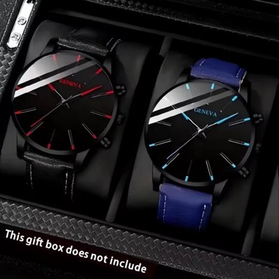 2PC Men s Quartz Analog PU Leather Watch Blue/Black New
