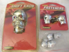 Chrome Silver human skull red eyes gear knob valve caps license fasteners NOS