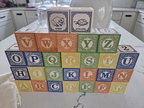 Lot of 28 Uncle Goose Alphabet Blocks Wooden USA Learning Toy Animal With Bag