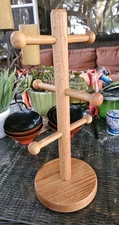 Vintage Pomerantz Wooden Oak 14" Mug Tree Holder Rack Stand for 6 Coffee Cups