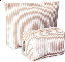 2 Pieces Makeup Bag Set Cute Cosmetic Pouch for Women Seersucker Travel Toiletry