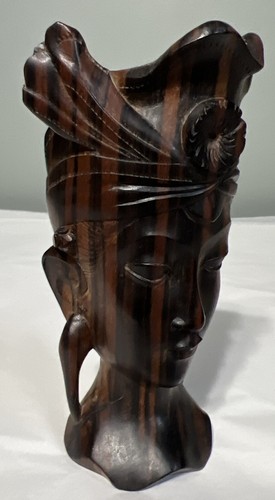 Vintage afrikanische Kunst handgeschnitzt 6 3/4" zweifarbig Holz Stammes Kopf Büste Skulptur - Bild 2 von 15