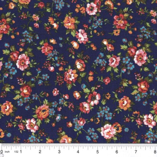 Autumn colored Calico Flowers Navy Blue 100% Cotton Fabric - PICK SIZE - Picture 1 of 1