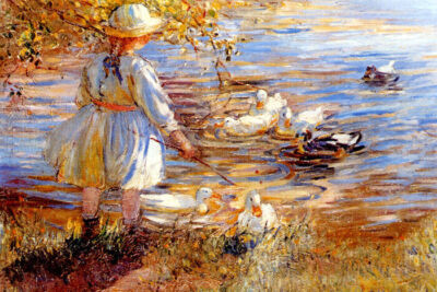 AT THE DUCK POND CHILD GIRL LAKE SUMMER PLAY PAINTING BY DOROTHEA SHARP REPRO