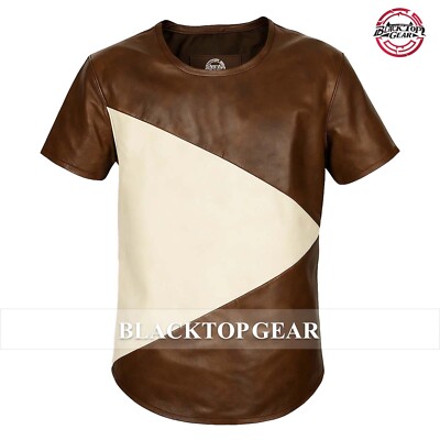 Men s Genuine Lambskin Leather T-Shirt Brown Classic Leather Tee All sizes