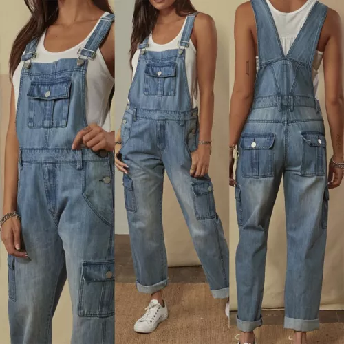 Jeans tuta vintage sciolta jumpsuit denim pantaloni tuta in denim con cinghie DE - Foto 2 di 9