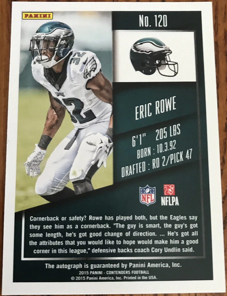 2015 Panini Contenders Rookie Autograph Eric Rowe #120A Philadelphia Eagles - Image 2 of 2