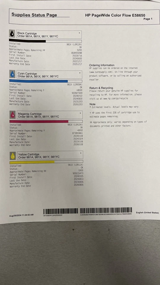 ✅Full Set K/C/M/Y✅70%- 80%✅HP OEM 981X HI-YLD INKS LOR09A/LOR10A/LOR11A/LOR12A - Image 4 of 4