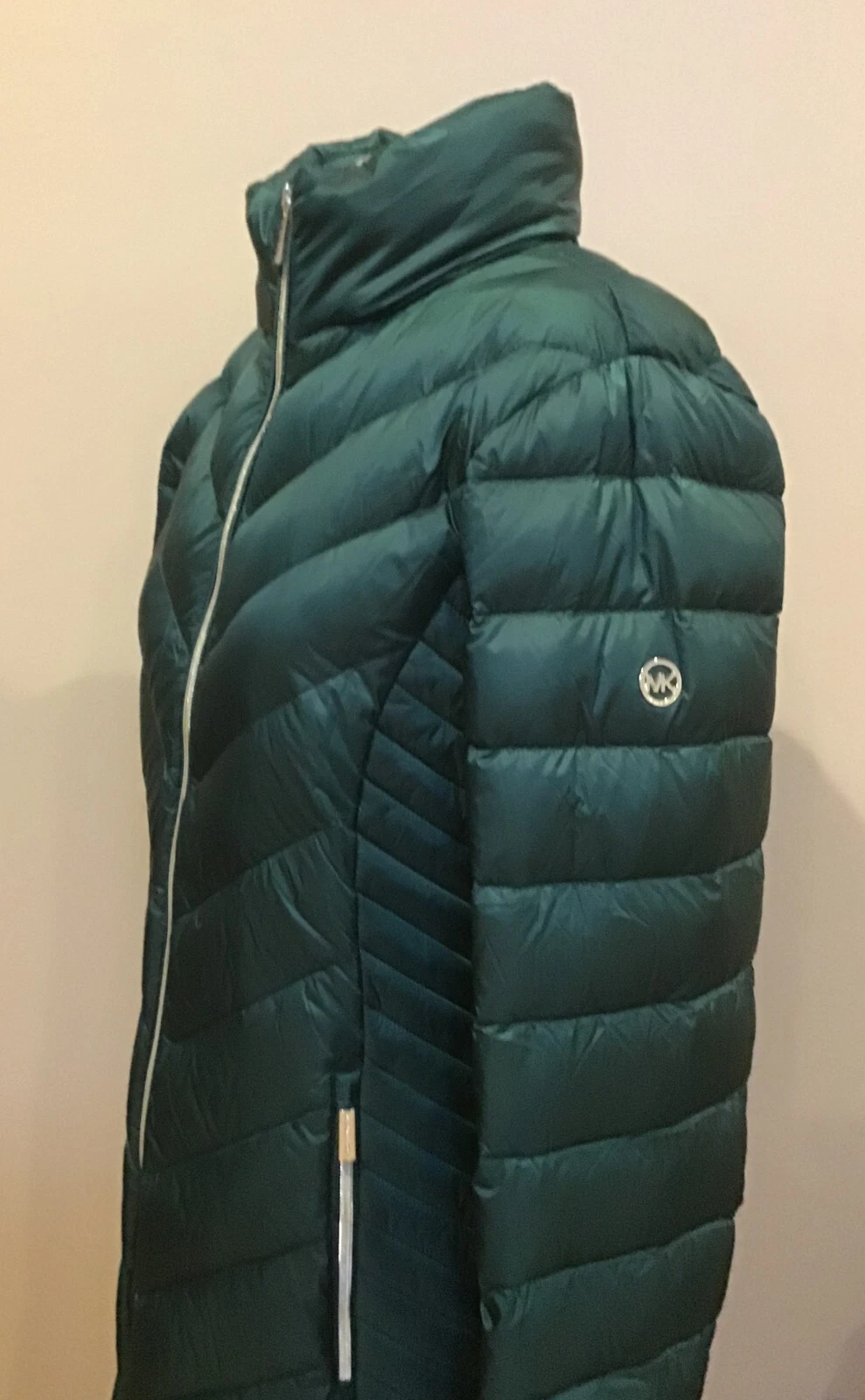 Giacca lunga imbottita Michael Kors nuova con etichetta imbottitura piumino 'L' cappuccio nascosto VERDE