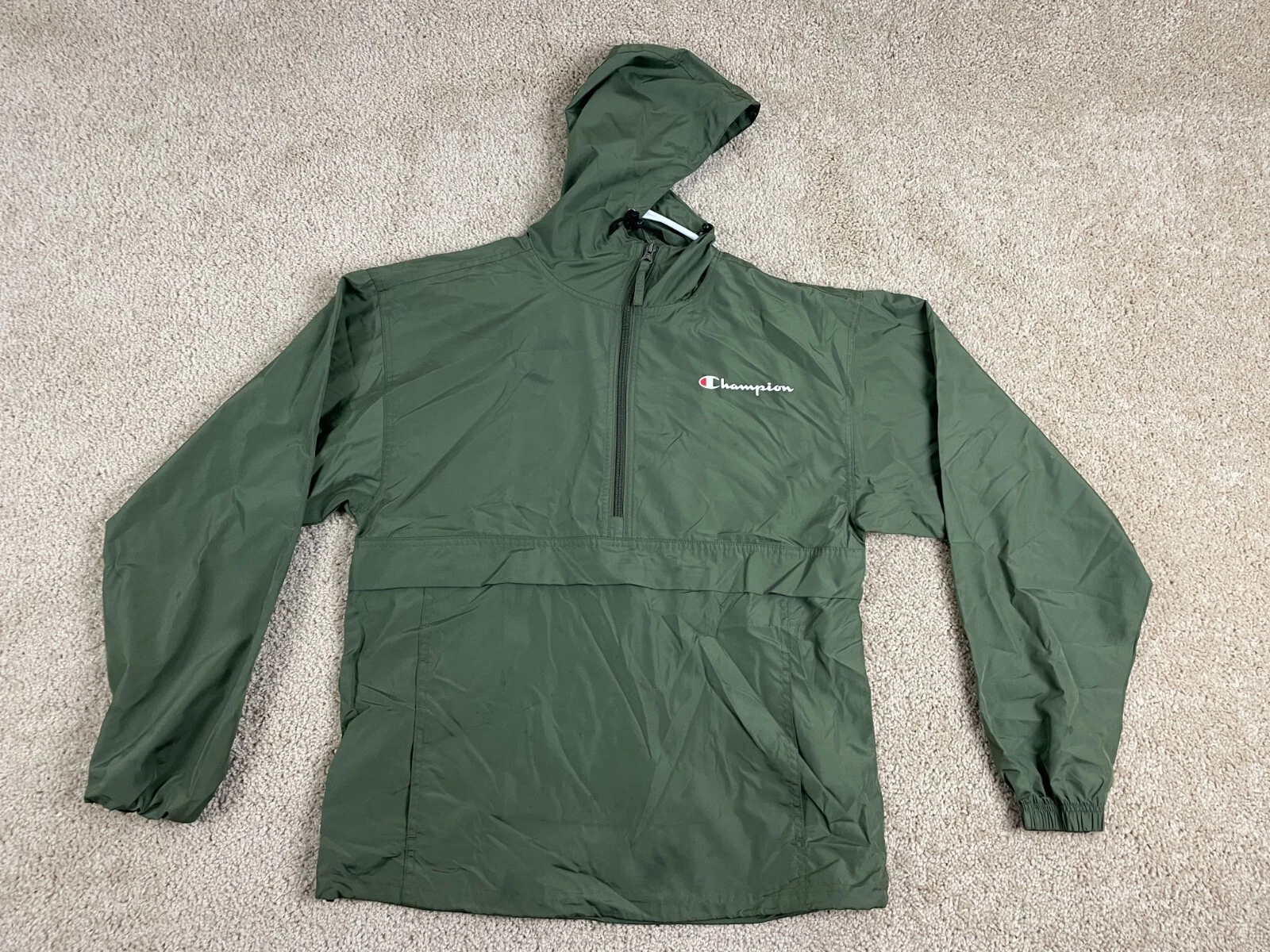 Champion Packable Jacket Mens Small Drawstring Hood Quarter Zip Pockets Green