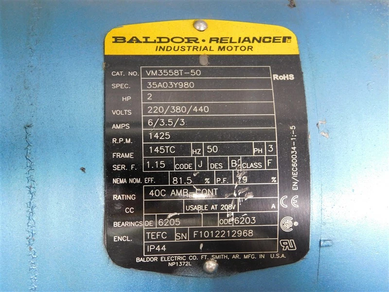 USED 2 HP Baldor Reliance VM3558T-50 Industrial Motor 1425 RPM Spec 35A03Y980 - Image 4 of 4